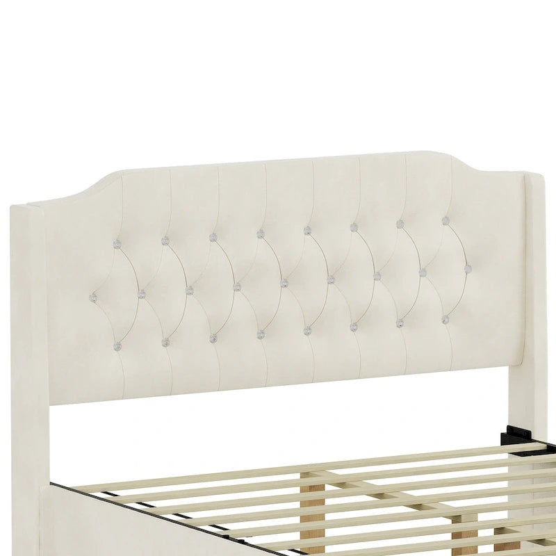 Letto a piattaforma Queen Size in velluto con testiera trapuntata, vano portaoggetti sotto il letto e rivestimento in tessuto con velcro rimovibile