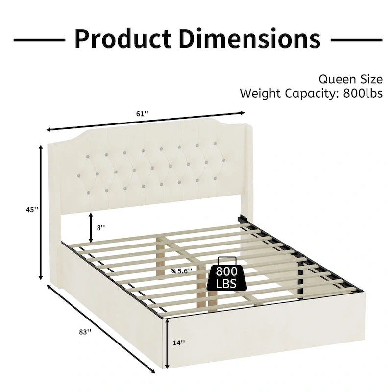 Letto a piattaforma Queen Size in velluto con testiera trapuntata, vano portaoggetti sotto il letto e rivestimento in tessuto con velcro rimovibile