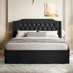 Letto a piattaforma Queen Size in velluto con testiera trapuntata, vano portaoggetti sotto il letto e rivestimento in tessuto con velcro rimovibile