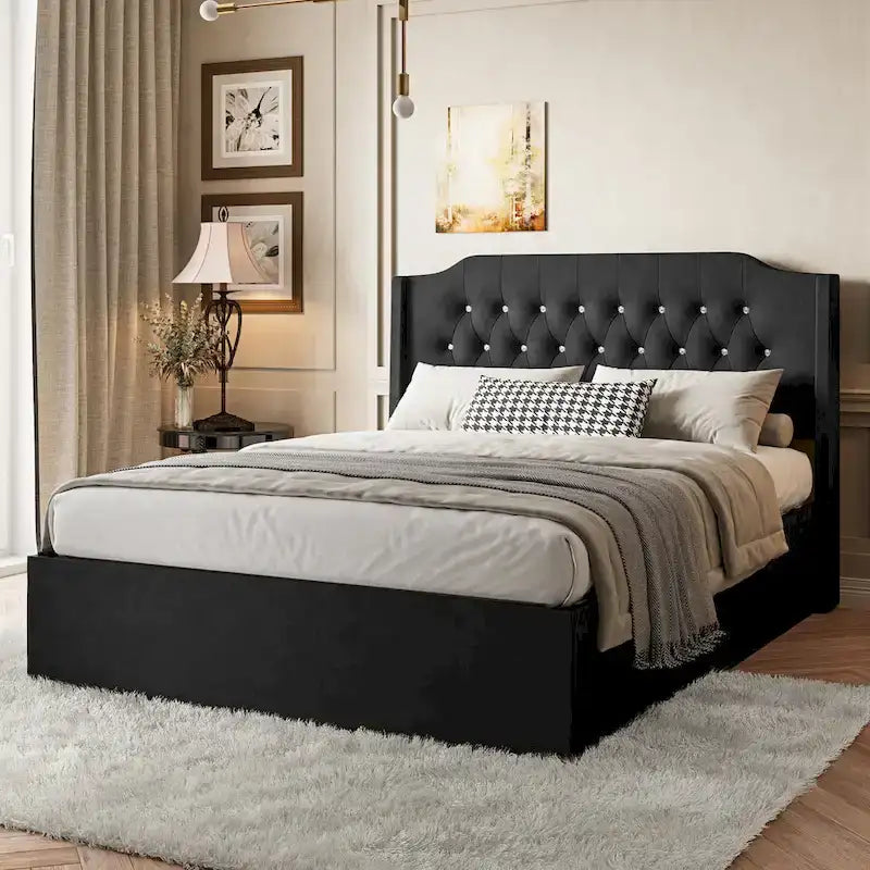 Letto a piattaforma Queen Size in velluto con testiera trapuntata, vano portaoggetti sotto il letto e rivestimento in tessuto con velcro rimovibile
