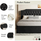 Letto a piattaforma Queen Size in velluto con testiera trapuntata, vano portaoggetti sotto il letto e rivestimento in tessuto con velcro rimovibile