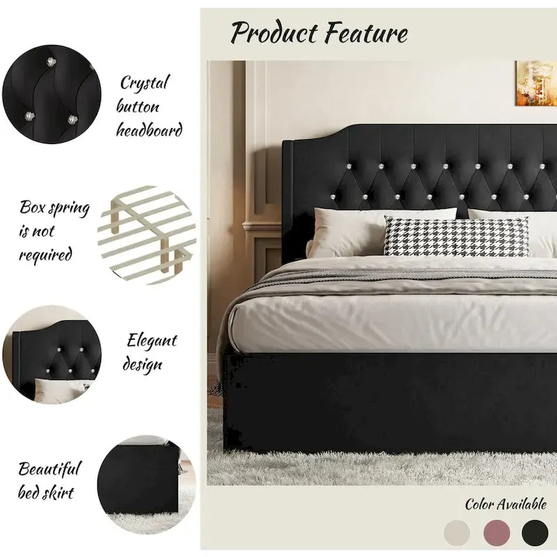 Letto a piattaforma Queen Size in velluto con testiera trapuntata, vano portaoggetti sotto il letto e rivestimento in tessuto con velcro rimovibile