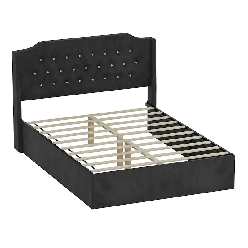 Letto a piattaforma Queen Size in velluto con testiera trapuntata, vano portaoggetti sotto il letto e rivestimento in tessuto con velcro rimovibile