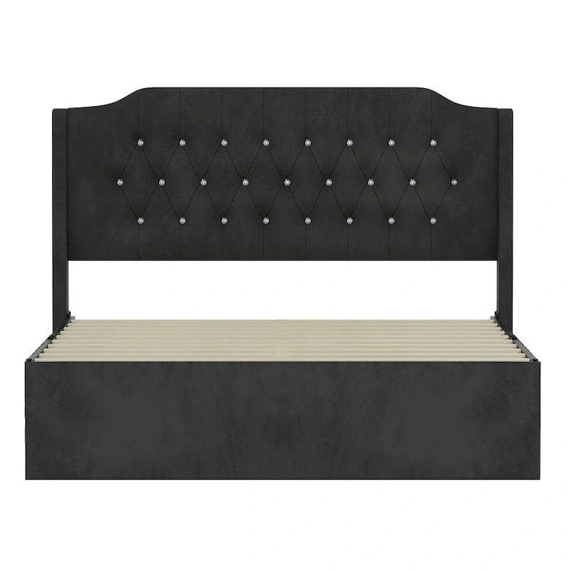 Letto a piattaforma Queen Size in velluto con testiera trapuntata, vano portaoggetti sotto il letto e rivestimento in tessuto con velcro rimovibile