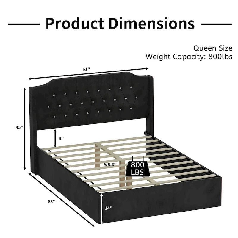 Letto a piattaforma Queen Size in velluto con testiera trapuntata, vano portaoggetti sotto il letto e rivestimento in tessuto con velcro rimovibile