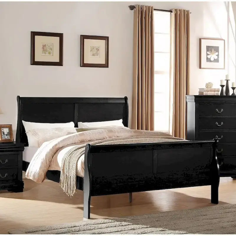 Letto nero matrimoniale (King Size) in legno massello con ferramenta in ottone, stile transizionale