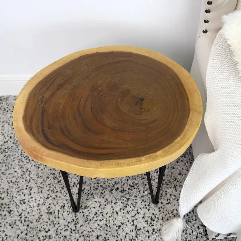 Tavolino da salotto rotondo in legno massello naturale