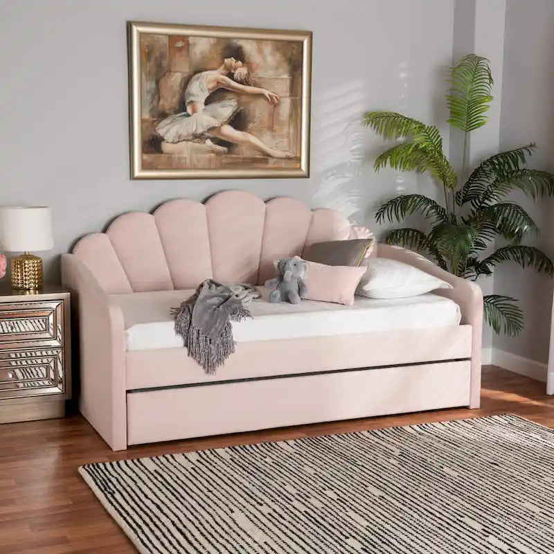 Letto da giorno moderno imbottito in velluto con letto estraibile rosa chiaro