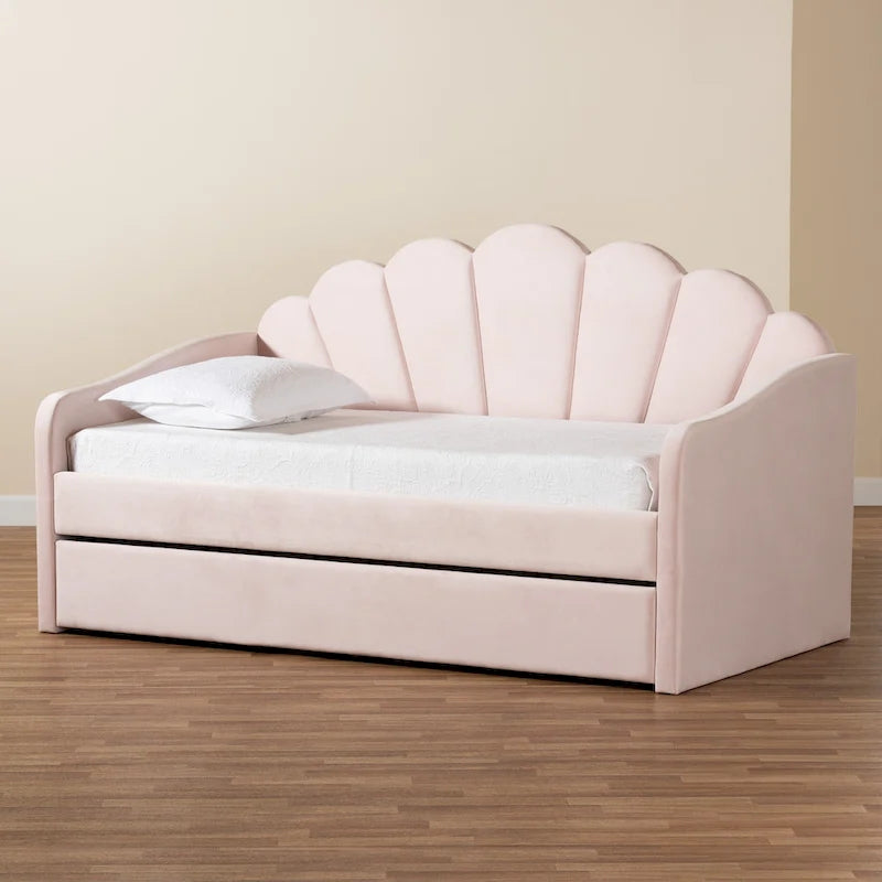 Letto da giorno moderno imbottito in velluto con letto estraibile rosa chiaro