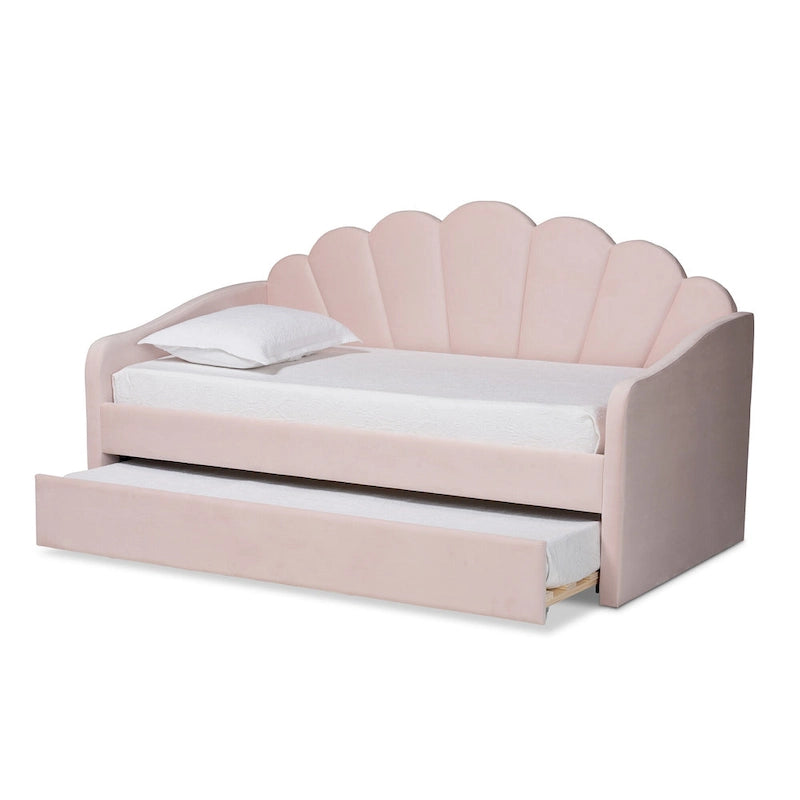 Letto da giorno moderno imbottito in velluto con letto estraibile rosa chiaro