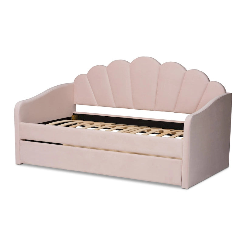 Letto da giorno moderno imbottito in velluto con letto estraibile rosa chiaro