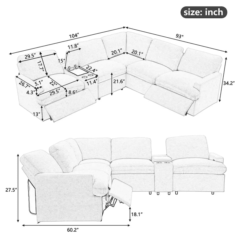 Divano ad angolo reclinabile elettrico 104 per Home Theater, divano sezionale con contenitore, portabicchieri, porte USB e prese di corrente