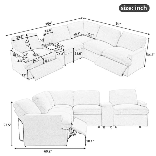 Divano ad angolo reclinabile elettrico 104 per Home Theater, divano sezionale con contenitore, portabicchieri, porte USB e prese di corrente