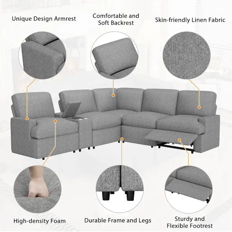 Divano ad angolo reclinabile elettrico 104 per Home Theater, divano sezionale con contenitore, portabicchieri, porte USB e prese di corrente