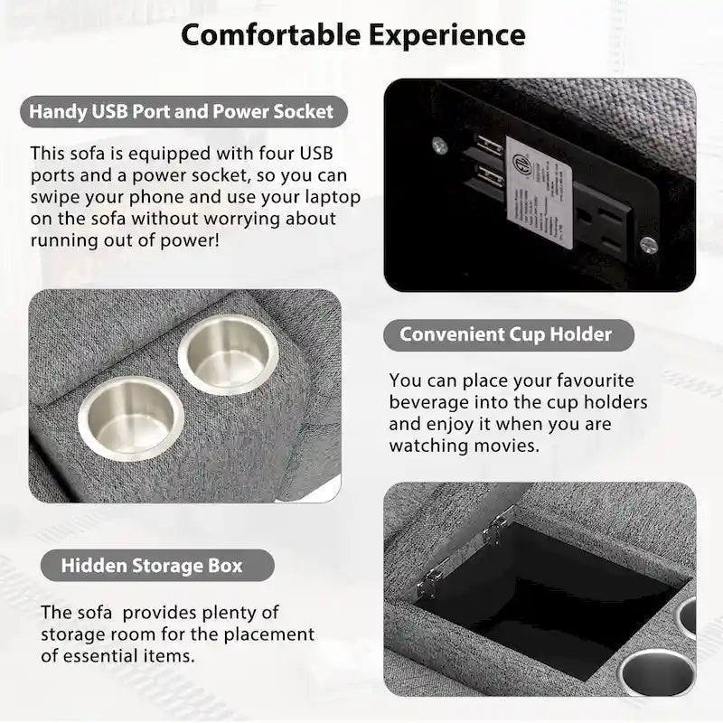 Divano ad angolo reclinabile elettrico 104 per Home Theater, divano sezionale con contenitore, portabicchieri, porte USB e prese di corrente