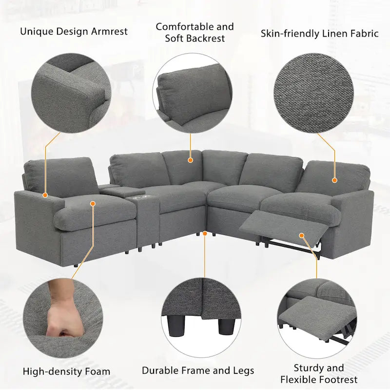 Divano ad angolo reclinabile elettrico 104 per Home Theater, divano sezionale con contenitore, portabicchieri, porte USB e prese di corrente