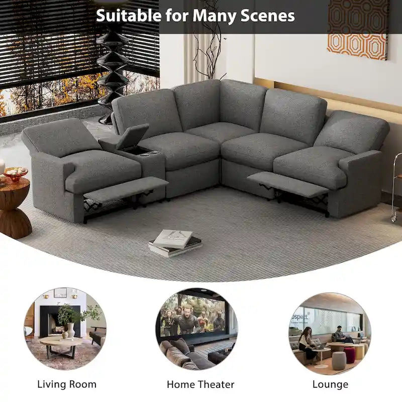 Divano ad angolo reclinabile elettrico 104 per Home Theater, divano sezionale con contenitore, portabicchieri, porte USB e prese di corrente