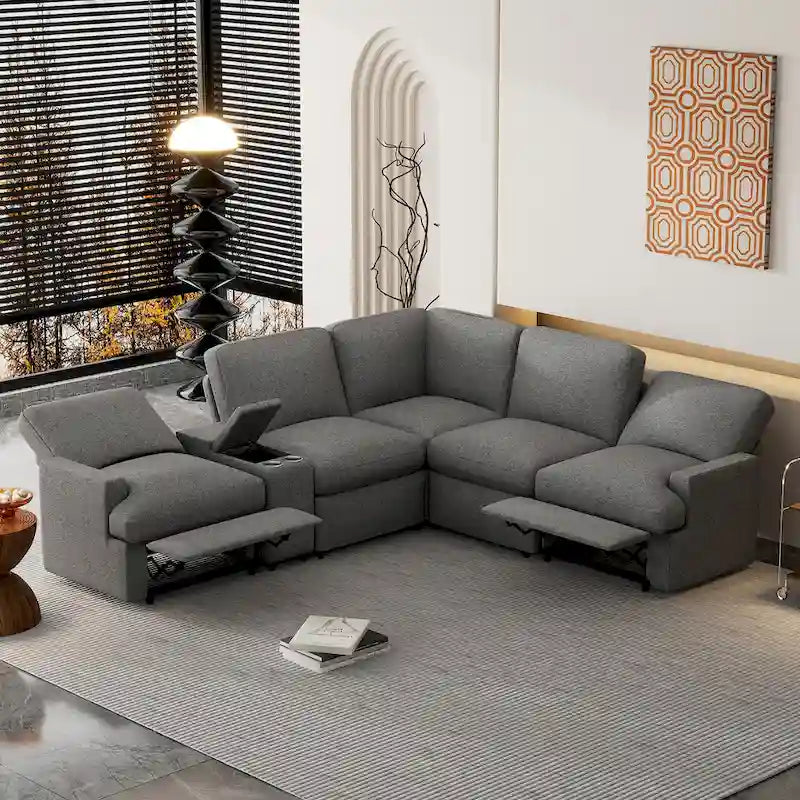 Divano ad angolo reclinabile elettrico 104 per Home Theater, divano sezionale con contenitore, portabicchieri, porte USB e prese di corrente