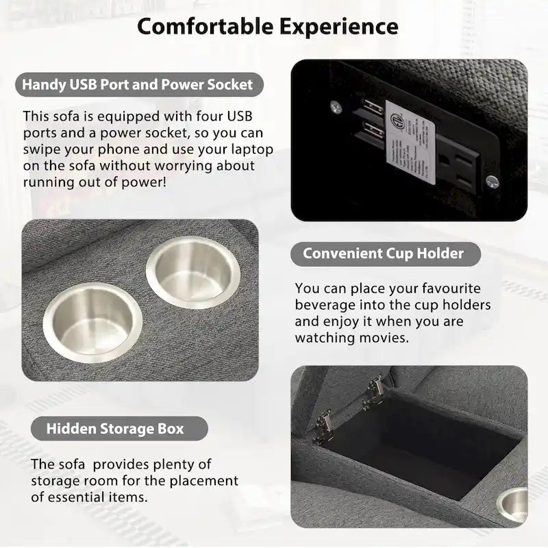 Divano ad angolo reclinabile elettrico 104 per Home Theater, divano sezionale con contenitore, portabicchieri, porte USB e prese di corrente