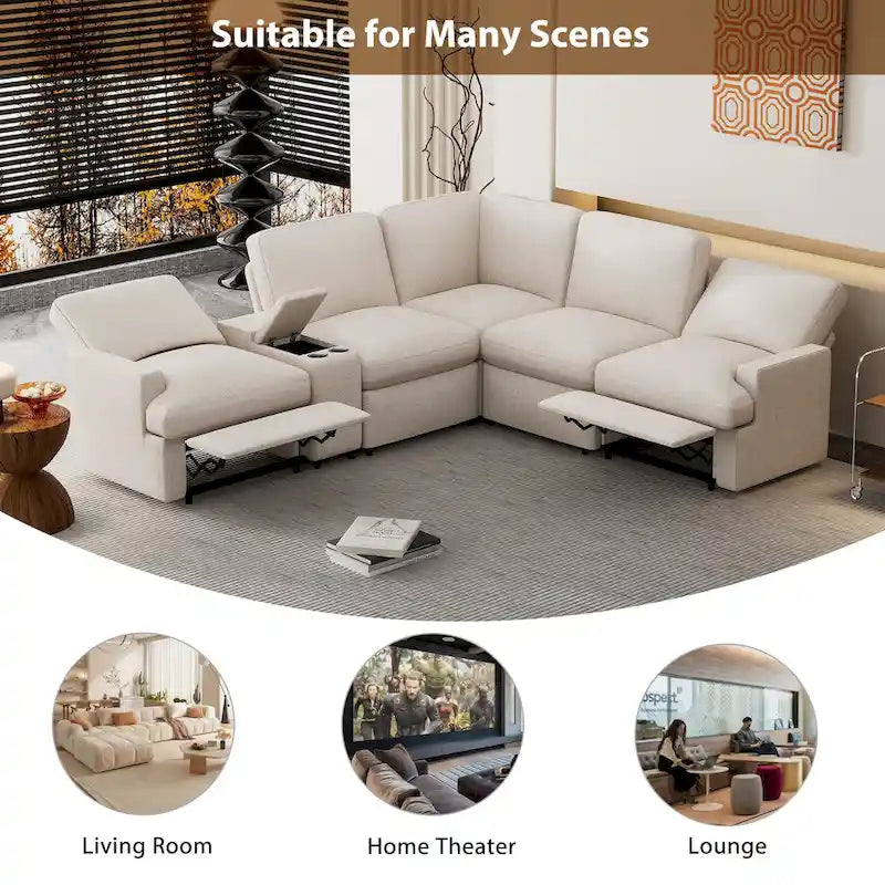 Divano ad angolo reclinabile elettrico 104 per Home Theater, divano sezionale con contenitore, portabicchieri, porte USB e prese di corrente