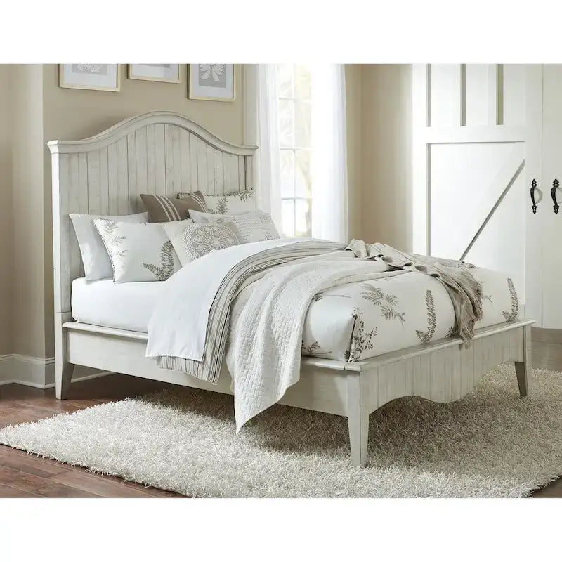 Letto king size California in legno massello con finitura decapata bianca