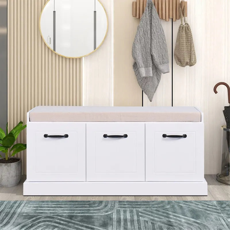 Panca contenitore in legno minimalista con cuscino, Bianco