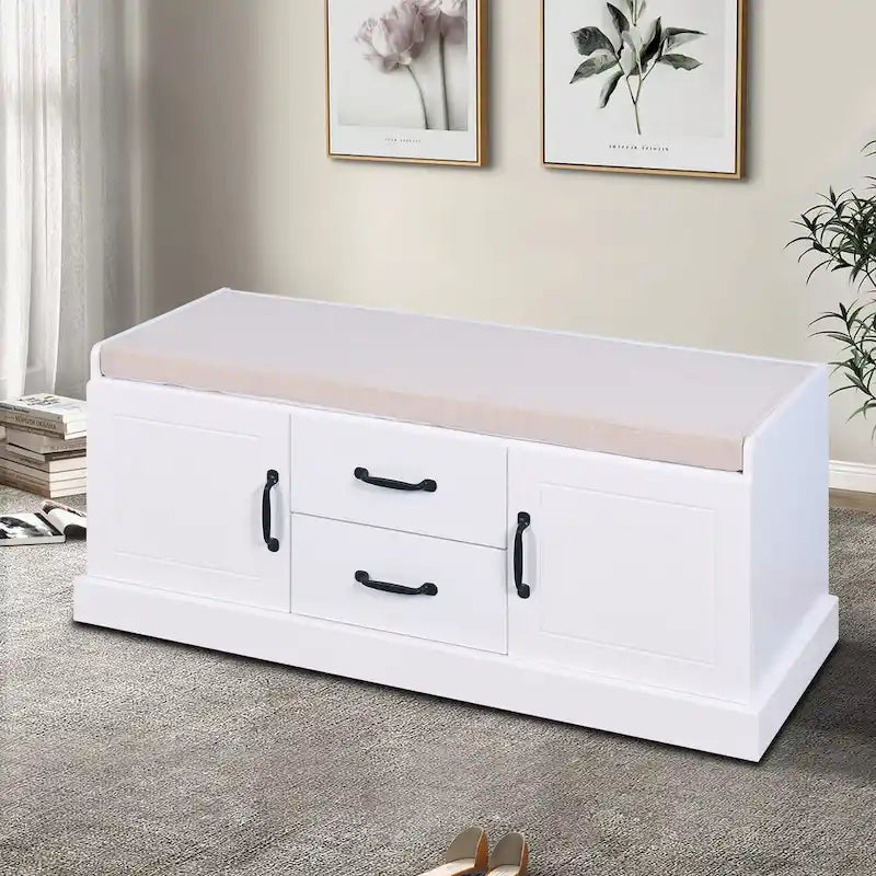 Panca contenitore in legno minimalista con cuscino, Bianco