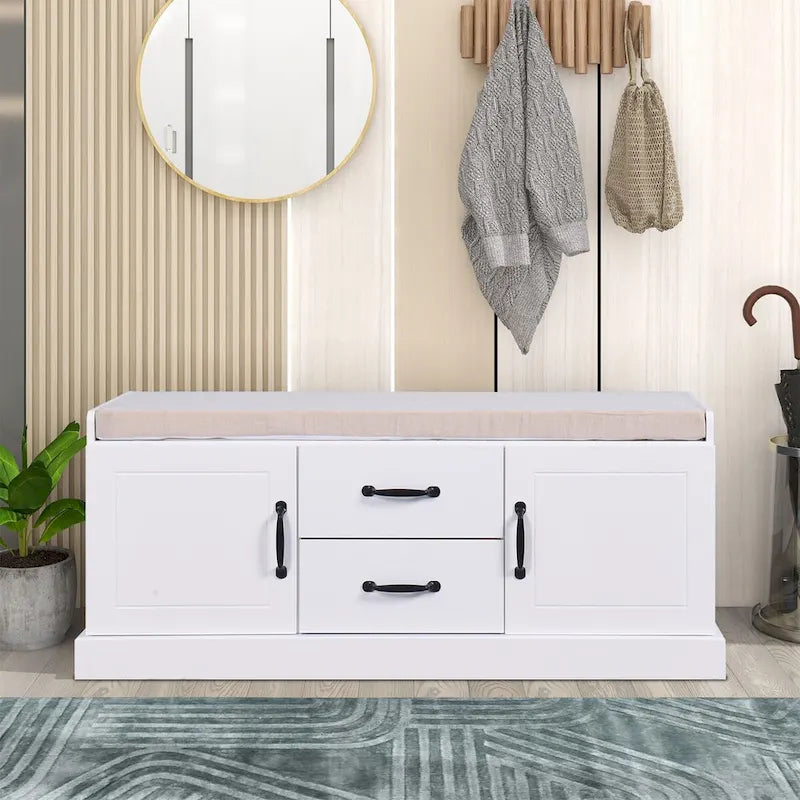 Panca contenitore in legno minimalista con cuscino, Bianco