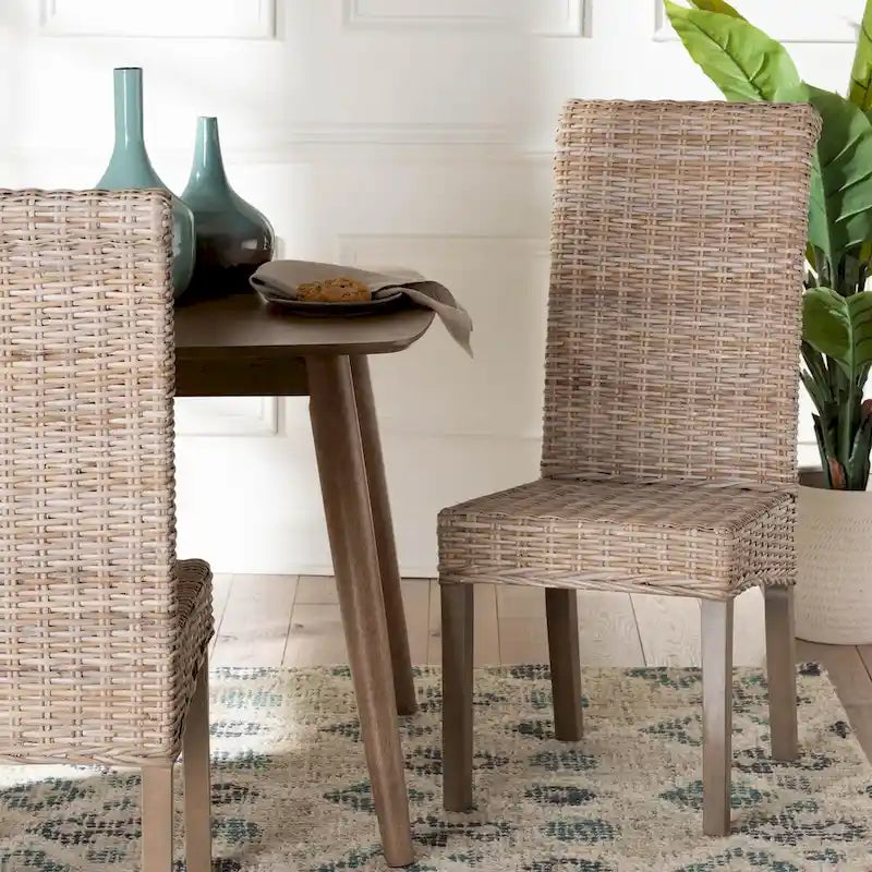 Sedia da pranzo Bohemian in rattan Kubu e legno di mango grigio
