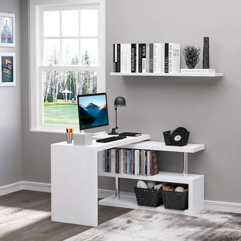 Scrivania angolare girevole a 360 gradi per computer, workstation a L per ufficio domestico con scaffali portaoggetti