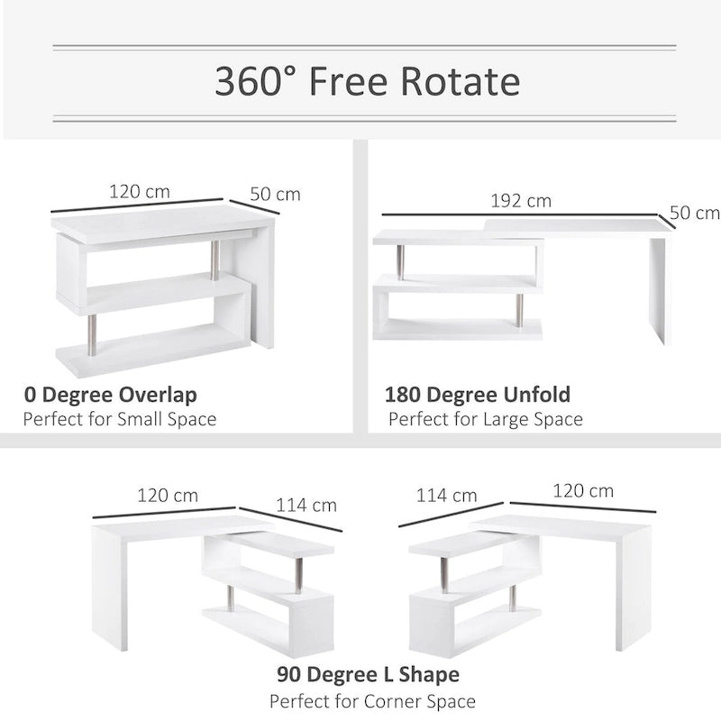 Scrivania angolare girevole a 360 gradi per computer, workstation a L per ufficio domestico con scaffali portaoggetti