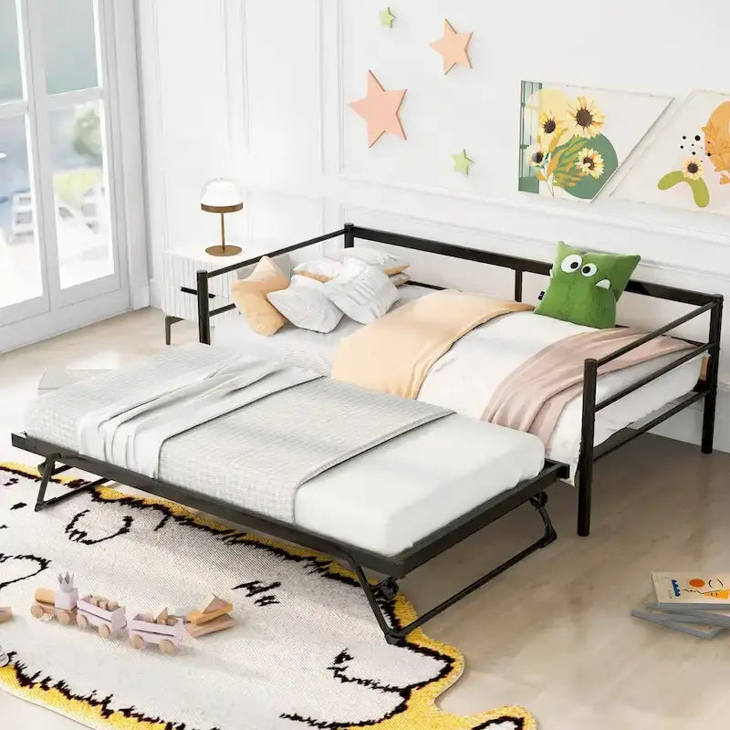 Divano letto singolo in metallo nero in stile industriale, rete estraibile a scomparsa regolabile, struttura robusta