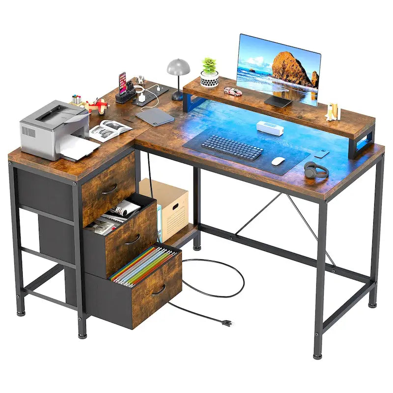Scrivania da Gaming a L con Prese Elettriche e Luci LED
