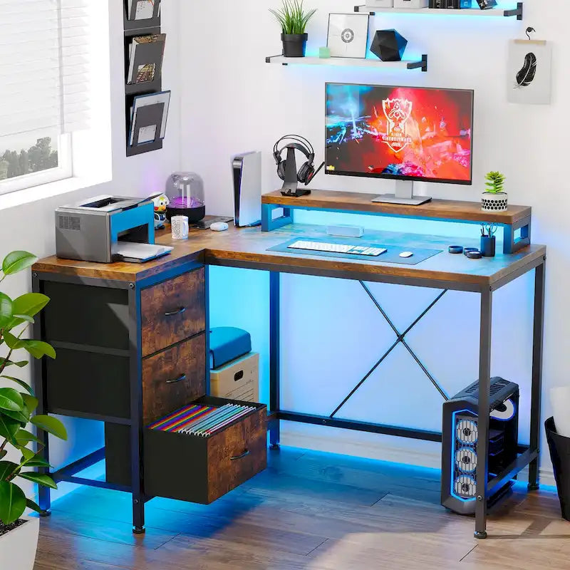 Scrivania da Gaming a L con Prese Elettriche e Luci LED