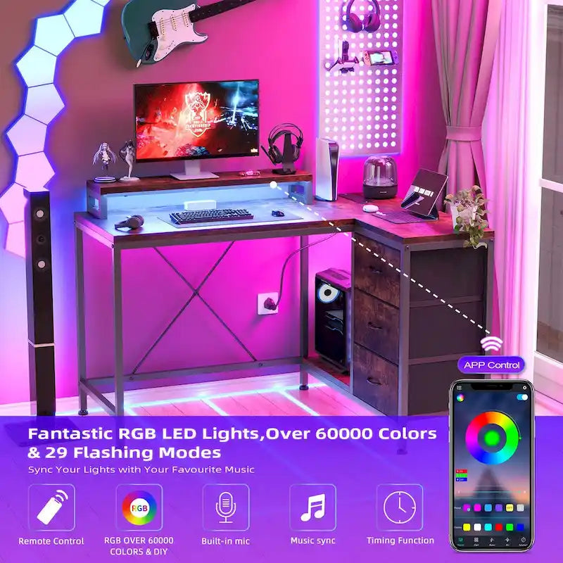 Scrivania da Gaming a L con Prese Elettriche e Luci LED