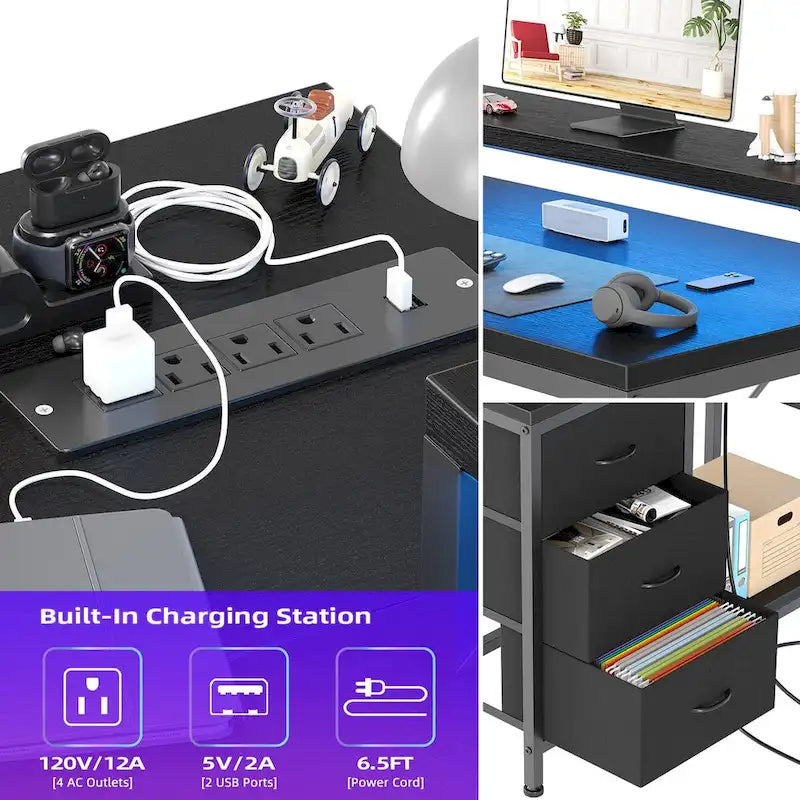 Scrivania da Gaming a L con Prese Elettriche e Luci LED