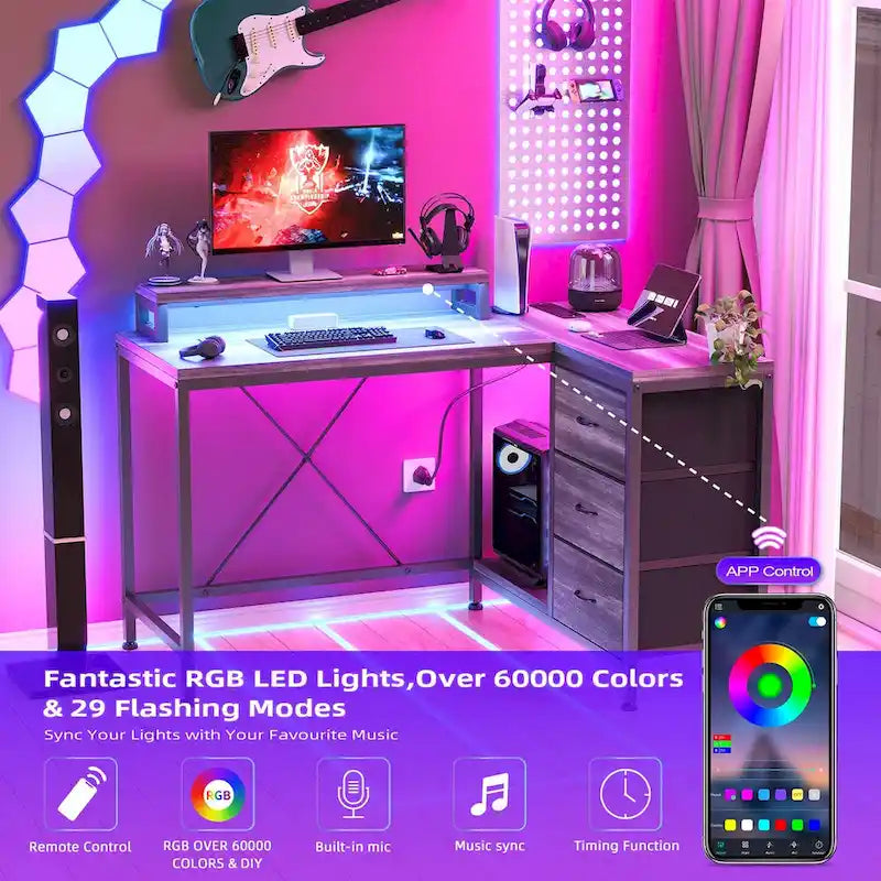 Scrivania da Gaming a L con Prese Elettriche e Luci LED