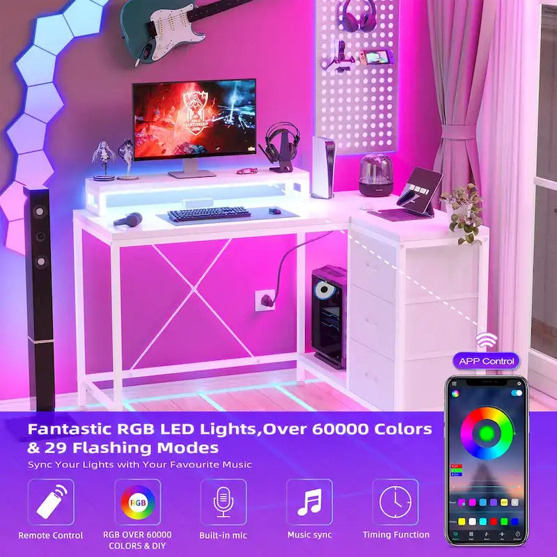 Scrivania da Gaming a L con Prese Elettriche e Luci LED
